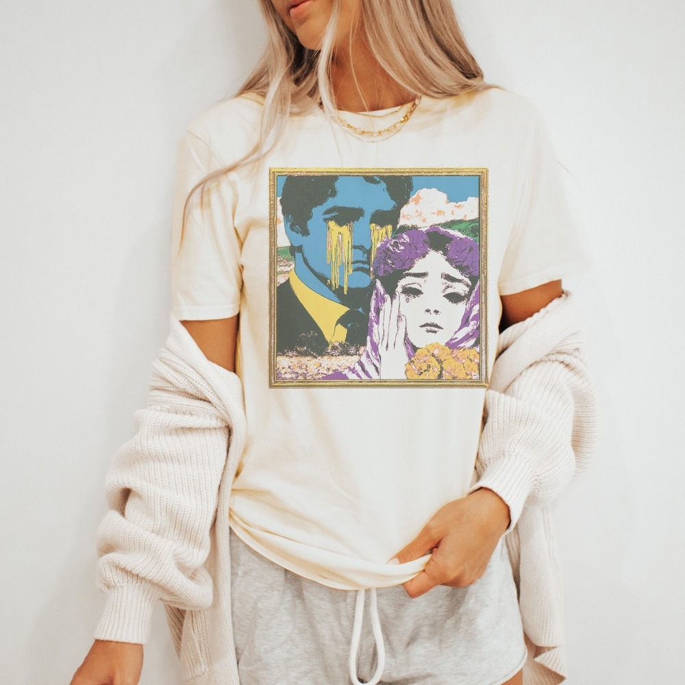 Surreal Pop Art Graphic Tee with Watercolor Drip and Dual Portraits